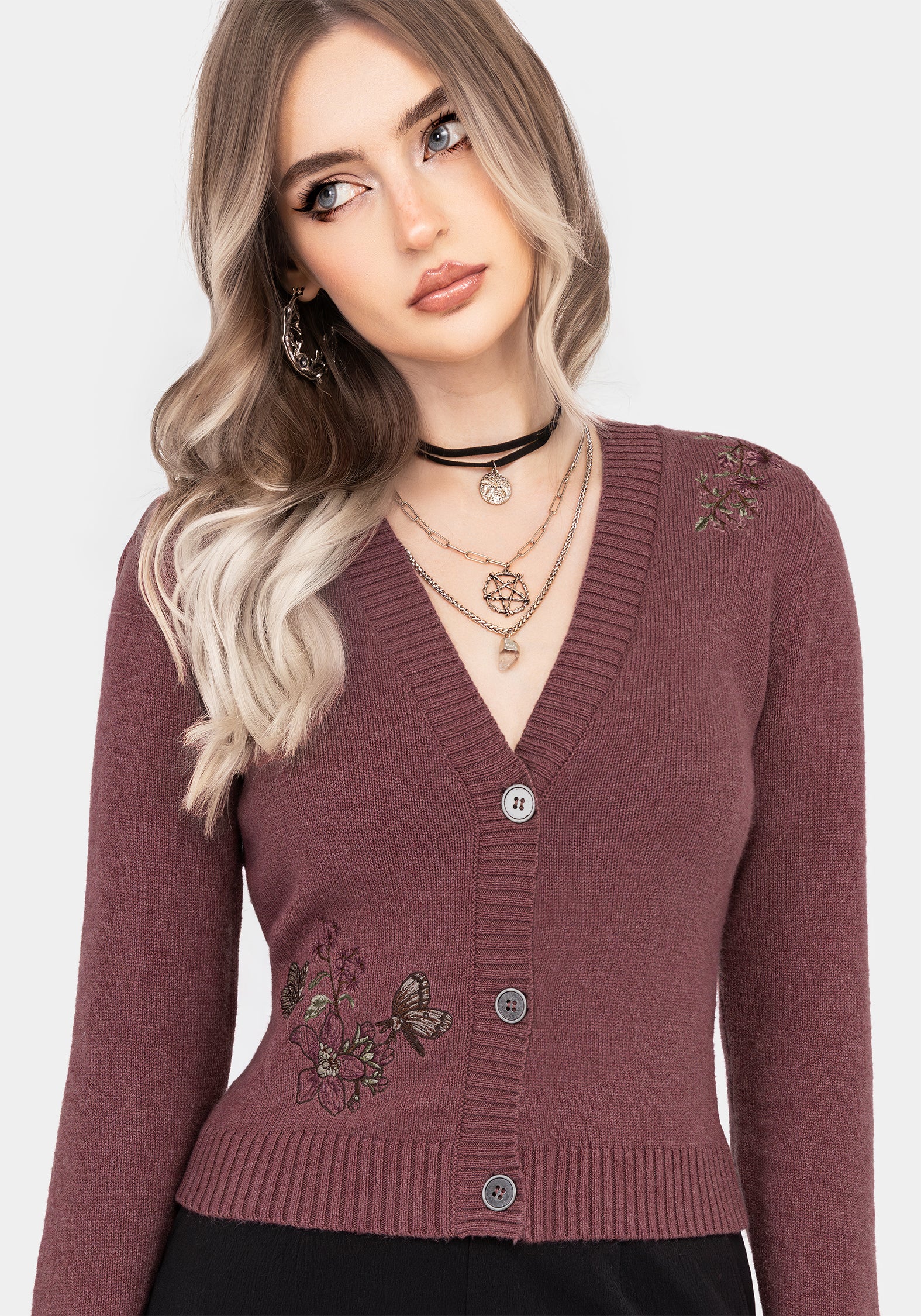 Dana Floral Moth Embroidered Cardigan – Purple