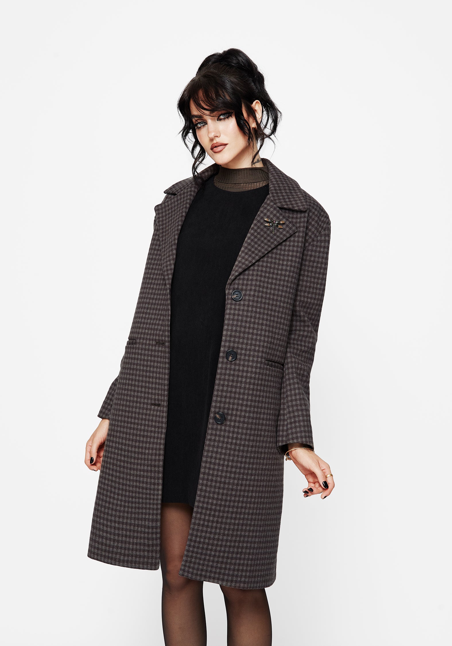 Pilgrim Gingham Coat With Dragonfly Brooch - Image 6